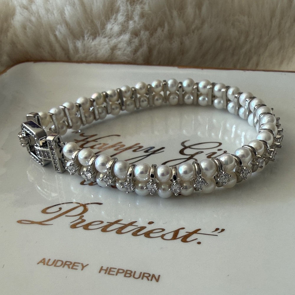 Baby Pearl CZ Bracelet | Silver Tone | Double Clasp | 7” - Picture 4 of 8